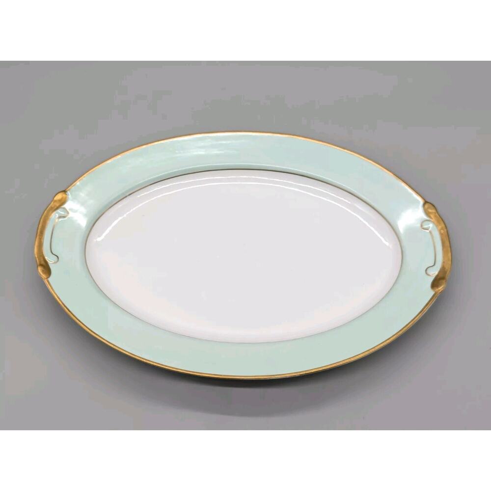 Heirloom Craftsman Japan Porcelain 16" Oval Serving Plate Gold Rim Mint Green